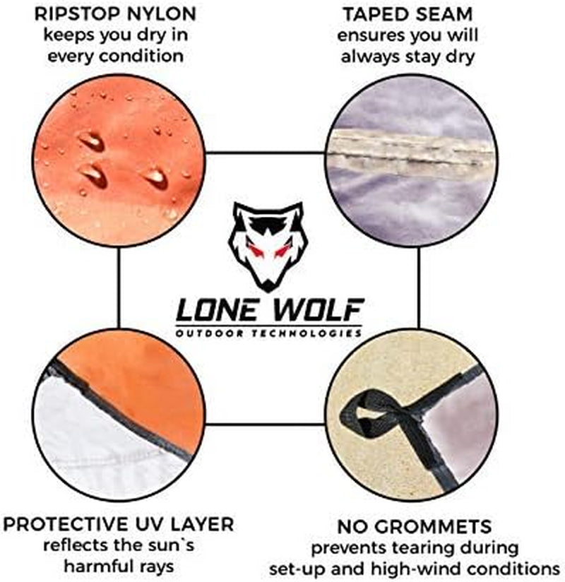 Lone Wolf 10.5' X 10' Lightweight Hammock Rain Fly Tent Tarp Survival Tarp Water Proof Camping Shelter Ripstop Material UV Protection Sand Resistant Beach Blanket Essential Survival Gear