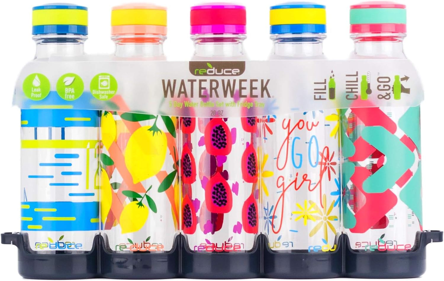 Waterweek Reusable Water Bottle Set, 20Oz – Plastic Reusable Water Bottle Set of 5, plus Fridge Tray – Bpa-Free, Leak Proof Twist off Cap – You Go Girl