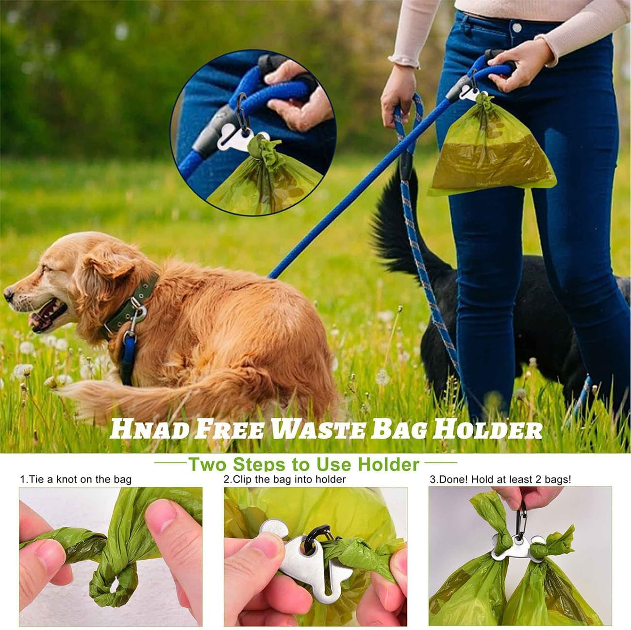 Dog Poop Bag Holder for Leash Attachment - Waste Bag Dispenser for Leash - Fits Any Dog Leash - Portable Set with Hand Free Holder Metal Carrier, round Shape, Purple