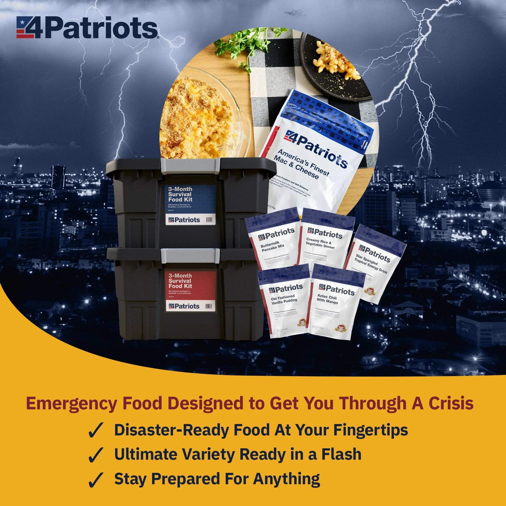 4Patriots: 3-Month Survival Food Kit - Emergency Food Supply - Freeze Dried Food - Designed to Last 25 Years - 688 Servings - 135,840 Total Calories - Disaster-Resistant Packaging