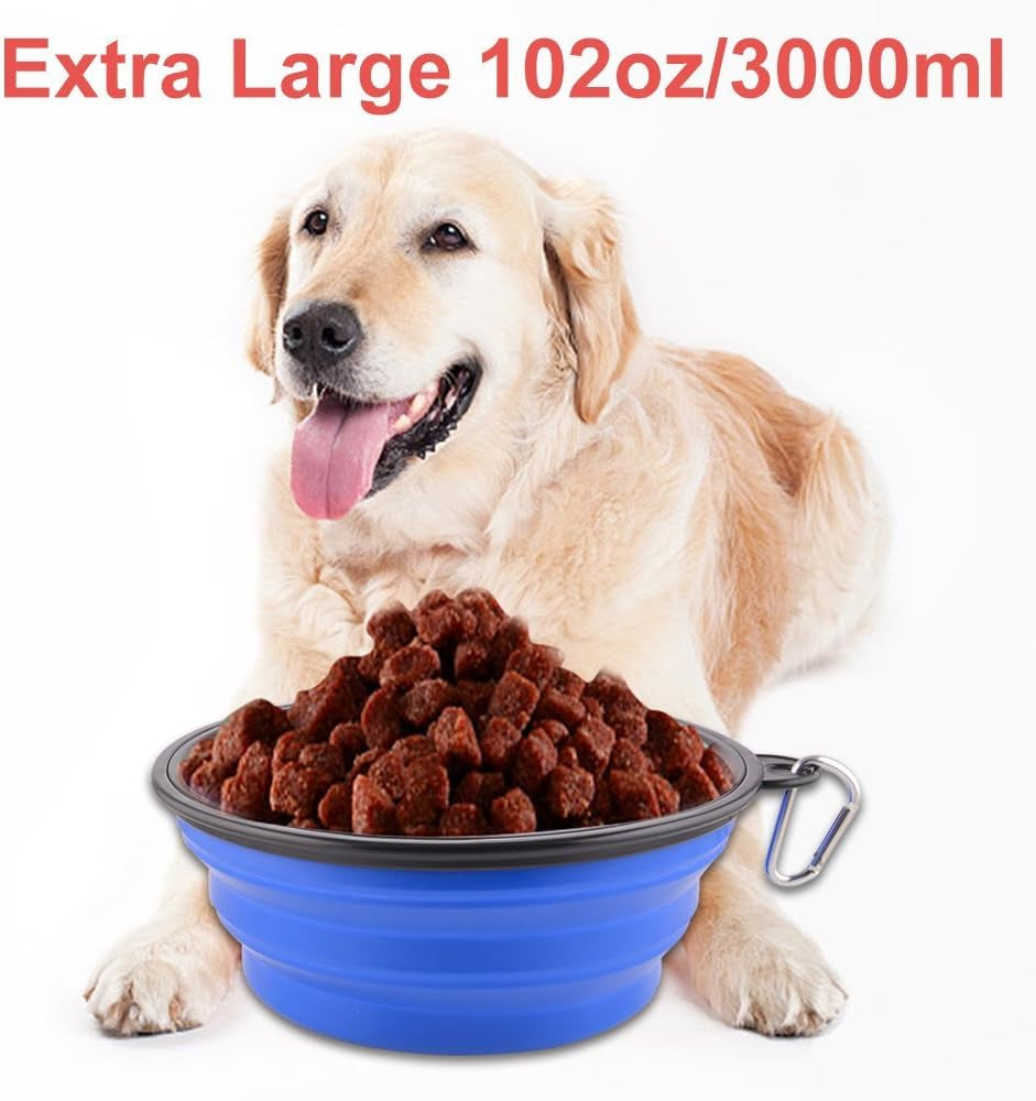 Extra Large Collapsible Dog Bowl, 3L XL Travel Dog Bowl, Foldable Travel Water Dish, 102Oz X-Large Portable Collapsable Traveling Bowls with Carabiner for Dogs Walking, Hiking (Blue)