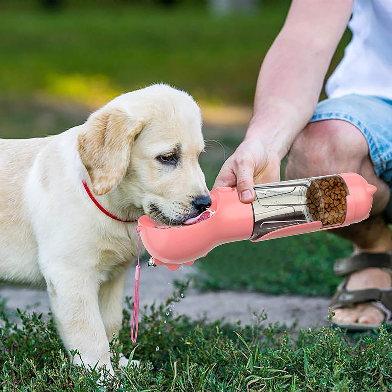 Dog Water Bottle, 4 in 1 Pet Travel Water Cup with Food Box, Shovel,Garbage Bags for Hiking Travel(Pink)