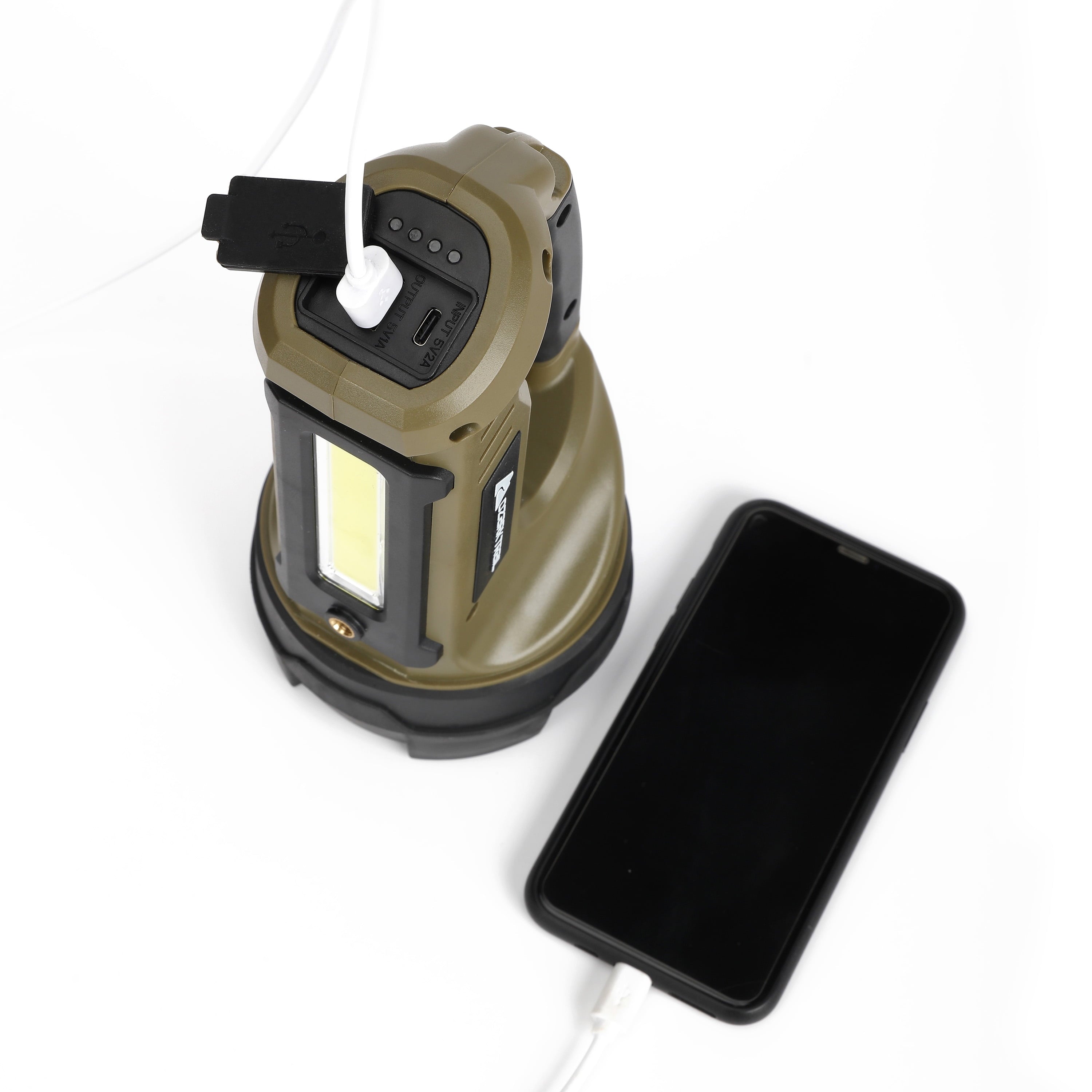 LED 2000 Lumen Dual Source Rechargeable Flashlight, with 5000 Mah Power Bank, Olive