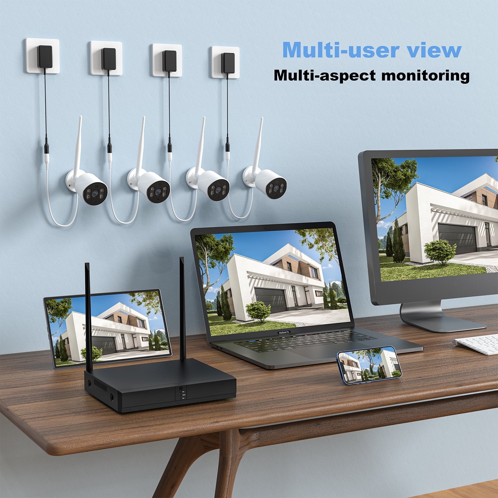 4Pcs Wireless Security Camera System, 8CH 3MP NVR, 1080P Surveillance Cameras with Color Night Vision, IP66 Waterproof, Outdoor Camera, Wi-Fi APP Control, No HDD